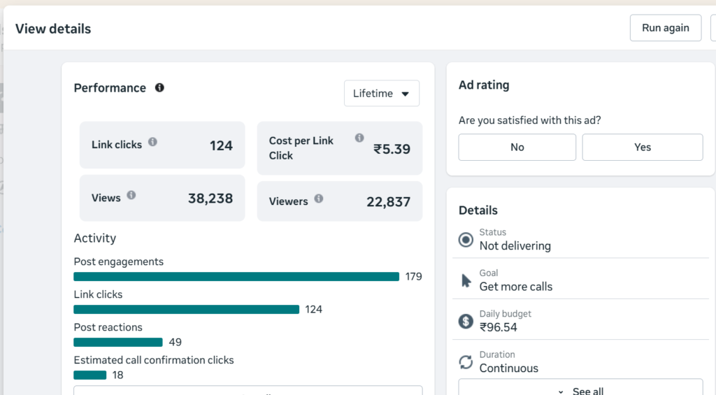 Meta Ads campaign results India — 
38238 views Rs 5.39 CPC coaching 
institute Punjab — Tecocea