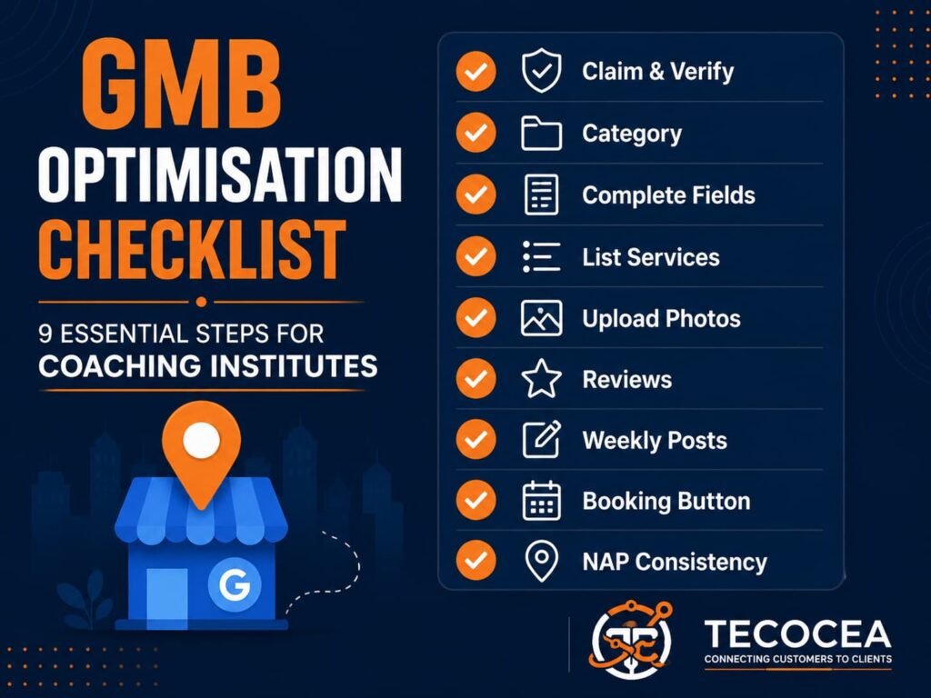 GMB Optimisation for Coaching Institutes in India, Here is the GMB optimisation checklist 9 steps for
coaching institute India